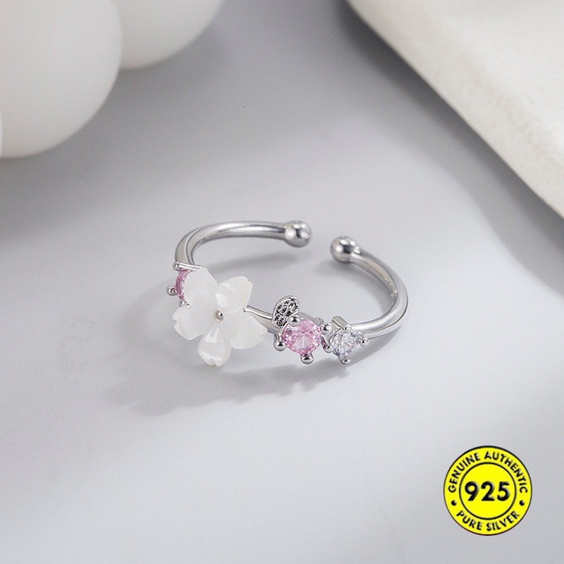 Cincin S925 Silver Bentuk Bunga Sakura Aksen Berlian Untuk Wanita