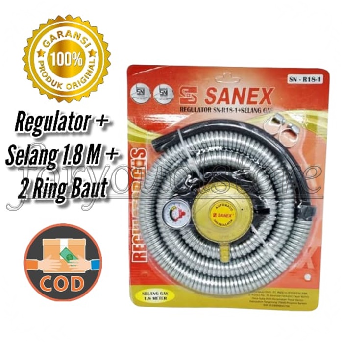 Sanex Paket Selang Flexi 1.8 meter + Regulator Meter /Regulator Kompor Gas / Selang Kompor Gas / Selang Lapisan Anti Bocor /Selang Dan Regulator Kompor Gas / Selang Gas ( Paket Meteran ) + Regulator Gas