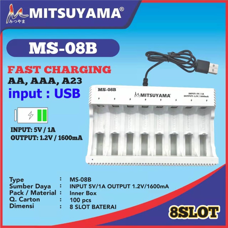 Barangunik2021-Alat Cas Charger Baterai AA AAA 8 Slot Colokan USB Mitsuyama MS-08B/Alat Cas Baterai