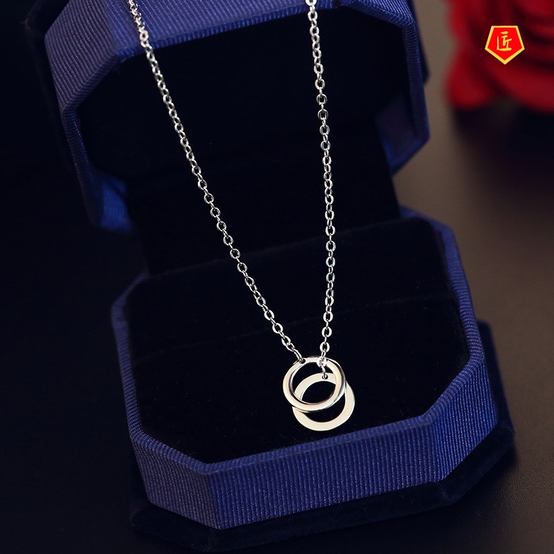 [Ready Stock]INS Korean Style Versatile Silver Necklace Platinum Double round Ring Accessories