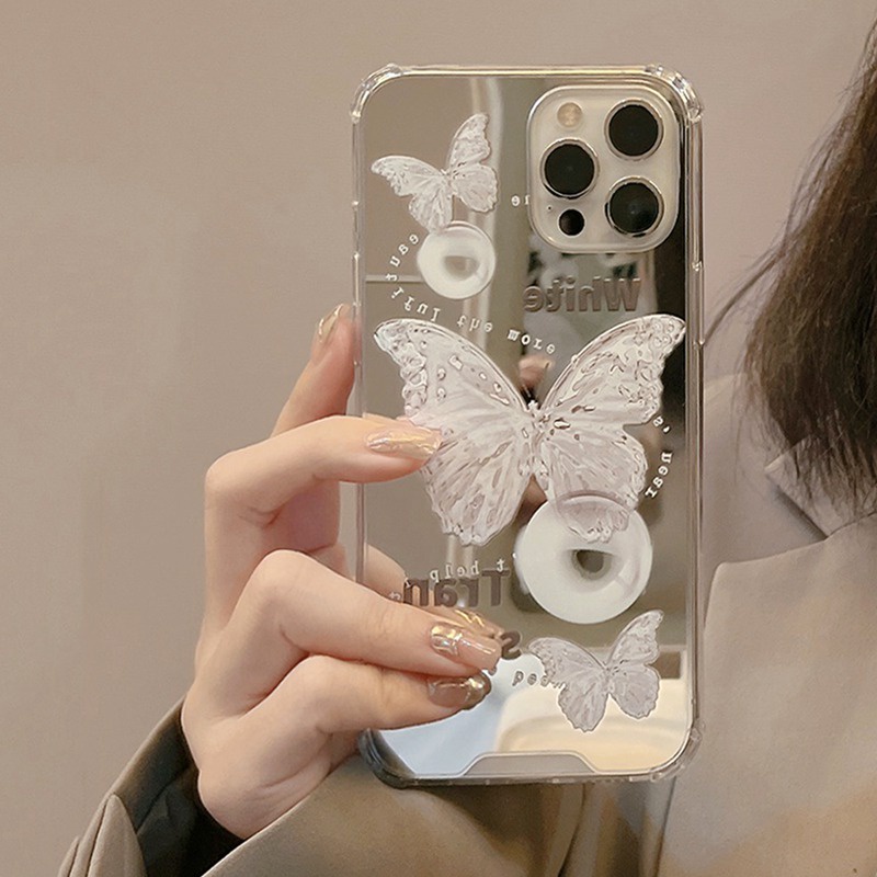 Soft Case Silikon Motif Kupu-Kupu Putih Dengan Cermin Makeup Untuk IPhone 7 8 Plus X XR XS Max 11 Pro Max 12 13 Pro Max SE 2020