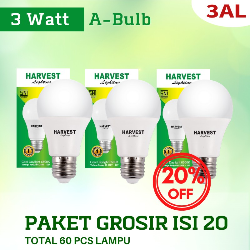 3W - Paket Isi 3 - HARVEST LIGHTING Lampu Bohlam LED A Bulb  3 Watt Lampu Hemat Energi Original Bersertifikasi SNI dan Bergaransi