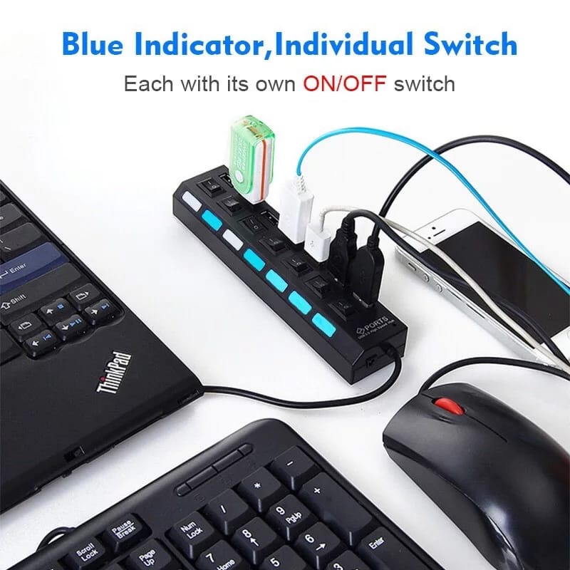 USB HUB 7 Port 2.0 Dengan Saklar Switch On Off LED Light