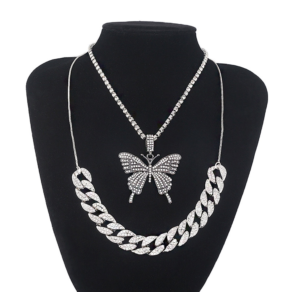 Hu Hu Hu Hu Hu Alat Bantu Pasang Kacamata♡ Kalung Rantai Liontin Kupu-Kupu Berlian Imitasi Dua Lapis Untuk Wanita