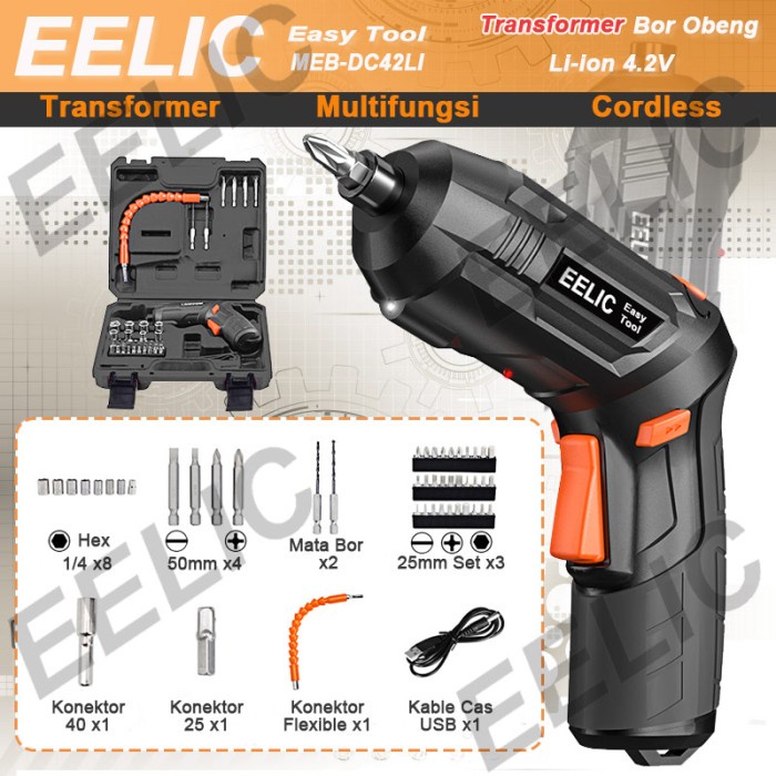 EELIC MEB-DC42LI Mesin Bor Cordless Putaran Bolak Balik - 4.2V Lithium