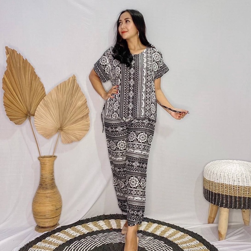Daster Babydoll Panjang Bali-SET-ETNIK HTAM-PUTIH