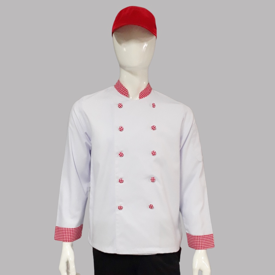 Chef Wear Baju Koki Putih Lengan Panjang Komb Kotak S-XL