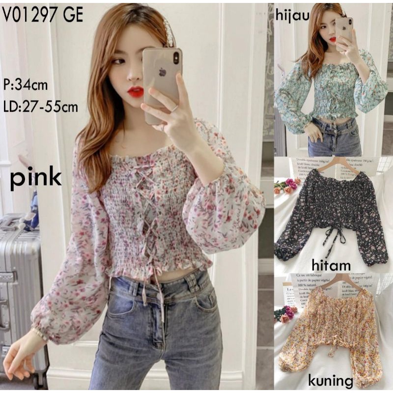 Blouse Korea Import Floral Crop Top