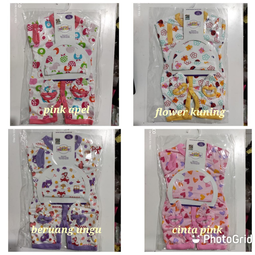 HOKIKU Set 3 in 1 romper segiempat kodok topi sarung kaki bayi newborn SNI Lembut