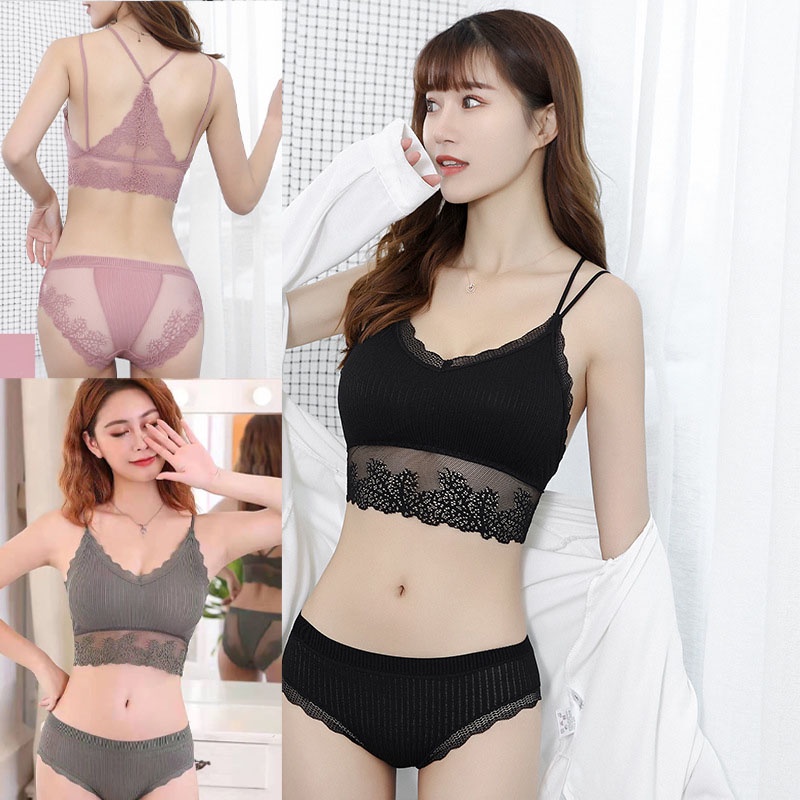 Bra Wanita Tanpa Kawat Set Push Up Isi Busa Lace Katun Breathable Hiasan Bordir 3B06