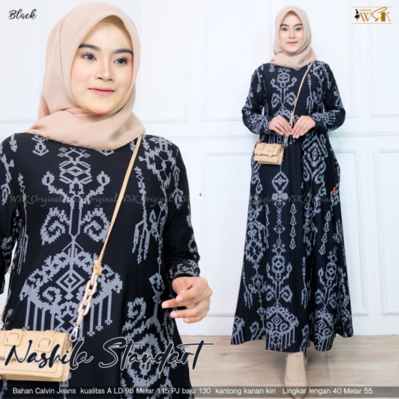 Baju Gamis Calvin Jeans Motif Nashila Etnik Wanita Mewah LD 98 Melar 115 S L M XL Dress Dress Muslim