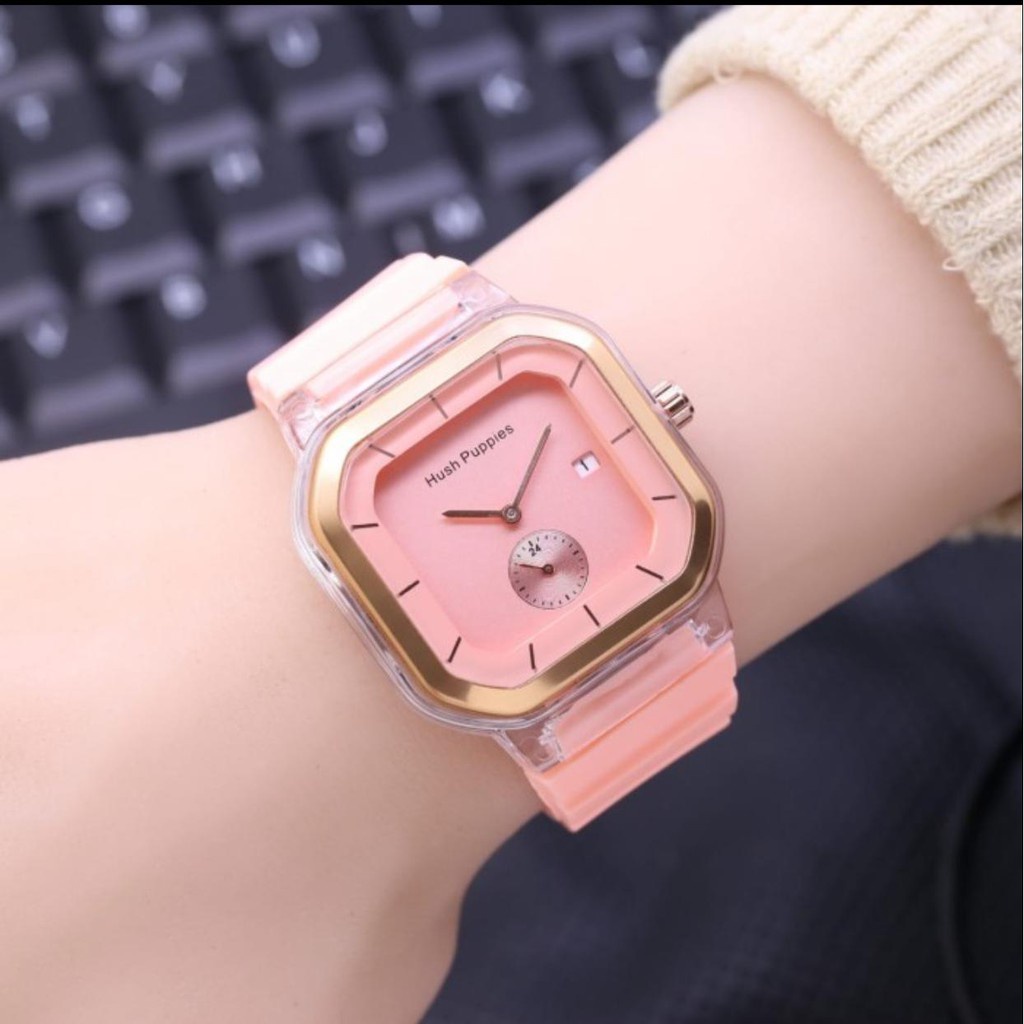 [✅COD] Jam Tangan Wanita Cewek Hush Puppies Sergi Jarum Strap Rubber Tanggal Aktif