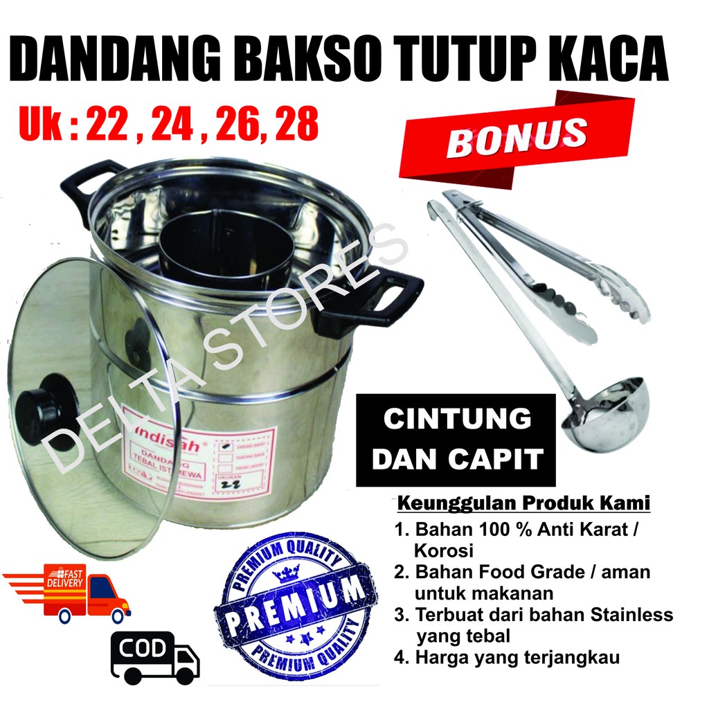 Dandang Bakso Tutup Kaca / Dandang Stainless steel / Dandang Bakso Mini BONUS CINTUNG DAN CAPIT