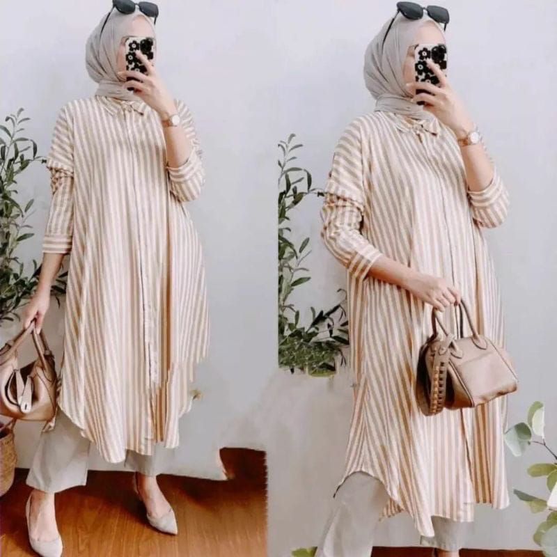 Tunik Jumbo Salur Wanita Oversize Lengan Panjang