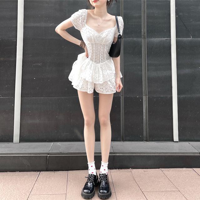 ۞❖ Student Pure Miss ~ Sweet Girl French Romantic Square Collar Puff Lengan Celana Berongga Pu