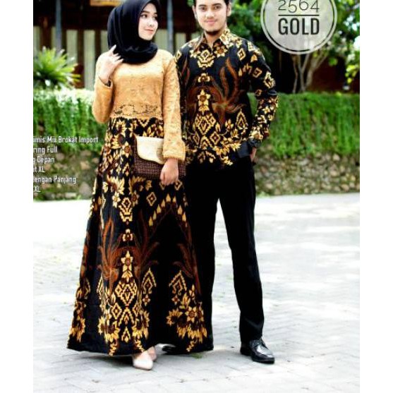 SD9✸ Batik Couple Gamis Brukat kombinasi batik Soga 2564 Paling Disukai
