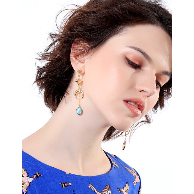 LRC Anting Tusuk Fashion Gold Color Moon&amp;star Shape Decorated Tassel Earrings F131XX