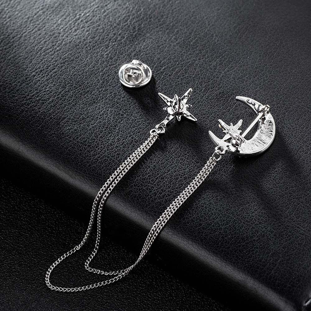 Mxbeauty Bros Bulan Bintang Elegan Warna Perak Romantis Jas Baju Bros Warna Emas Rumbai Rantai Berlian Imitasi Star Moon Chain Brooch Pin