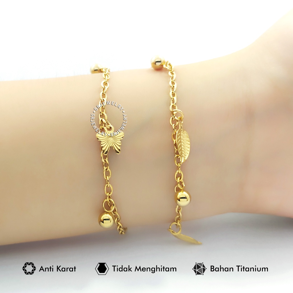 Gelang Tangan Kaki Rantai Emas Titanium Jangkar Gajah Bunga Hati Chanel Salib Hellokitty Kupu Daun