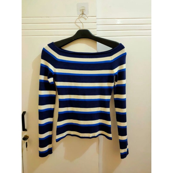 top sabrina hnm h&m stripe off shoulder kaos rajut lengan panjang wanita