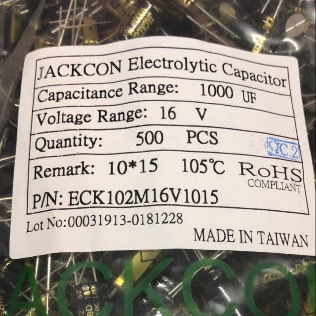 elco 1000uf 16v jackcon taiwan size 10x15 min 500 pcs
