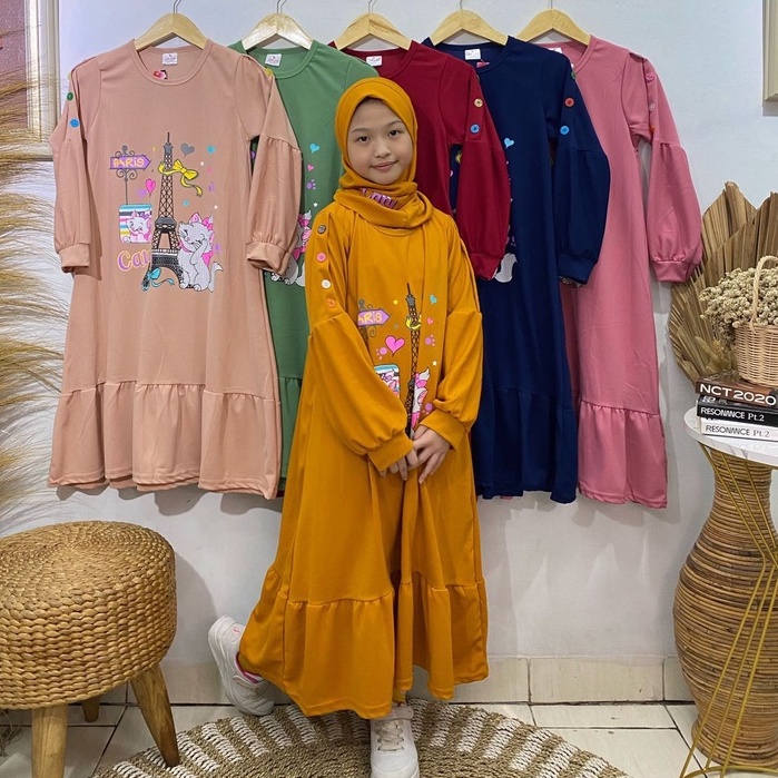 Gamis + hijab anak perempuan motif paris bahan voxy premium merk latin (8-10 tahun)