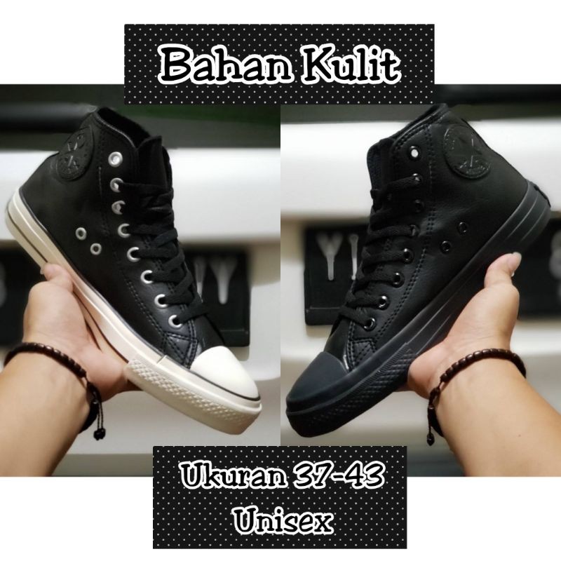 Sepatu Converse Kulit High Hitam Premium Grade Ori, Free Kaos Kaki, Unisex Size 37-43.