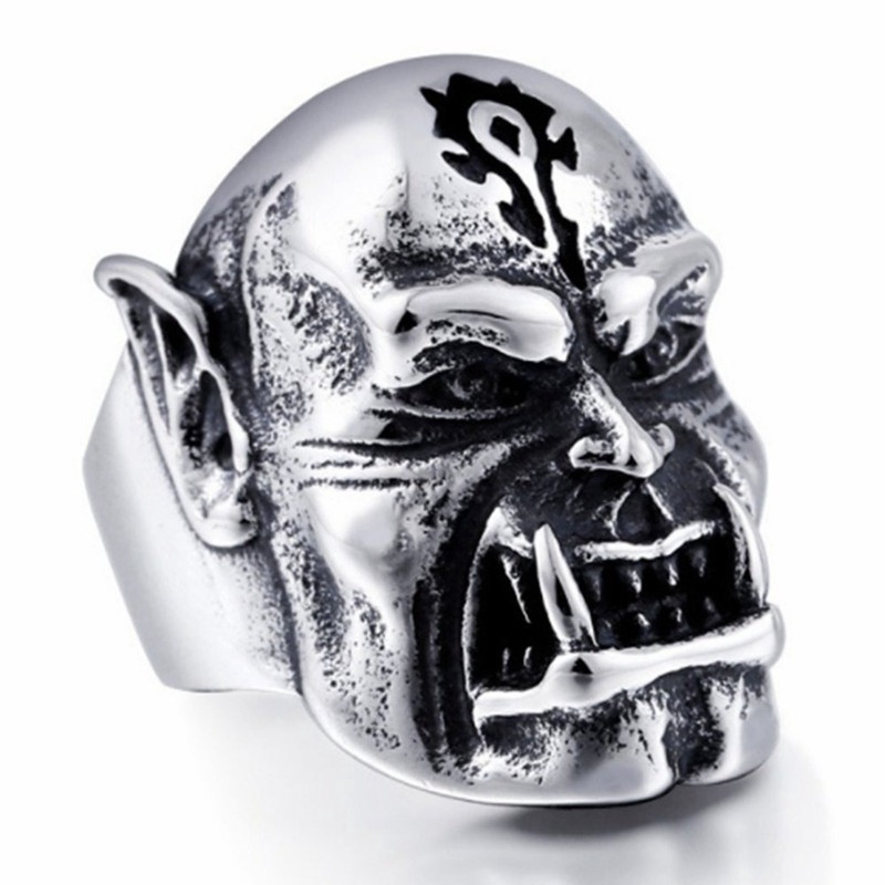 Cincin Kepala Orc World of Warcraft Pria, Retro Punk Ghost Head Ring Jewelry Ukuran 7-14XIANGXIAN