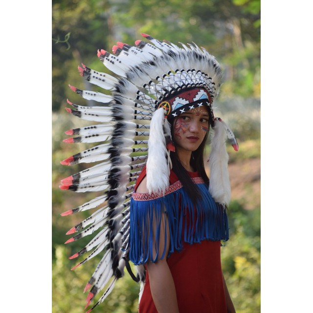 TOPI INDIAN - INDIAN HEADDRESS MEDIUM ANGSA MONTE PUTIH TUTUL MERAH HITAM FUR PUTIH