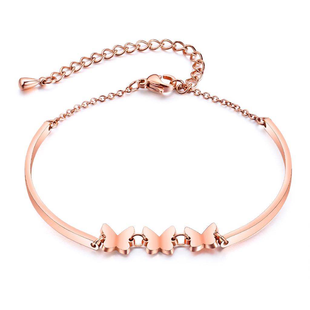 Gelang Titanium Wanita Anti Karat dengan Motif Kupu-Kupu Warna Rose Gold