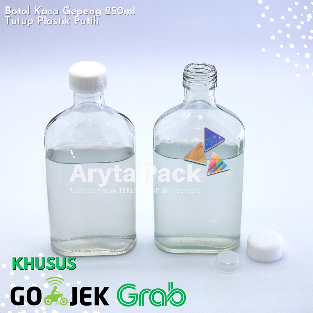 Botol kaca bening 250ml gepeng minuman jus susu kopi tutup plastik - new