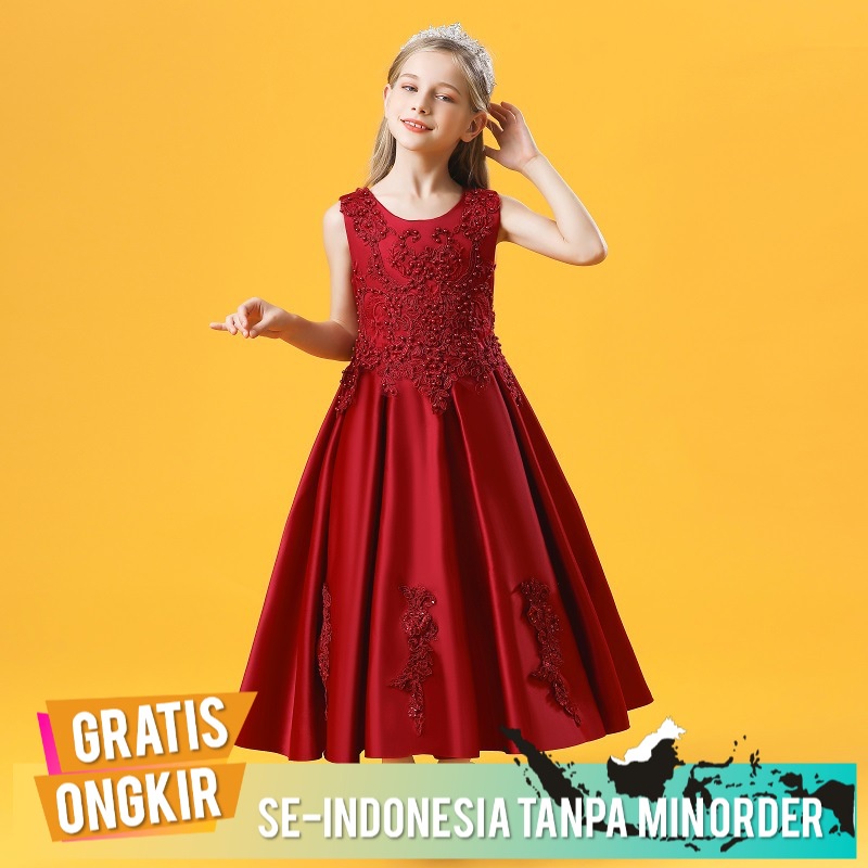 Gaun Pesta Anak Perempuan Menengah dan Besar -anak Satin Putri  Renda  Panjang  Beaded Lengan Putri