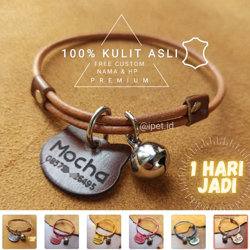 KALUNG KUCING NAMA CUSTOM LONCENG untuk KITTEN dan DEWASA MODEL TALI KULIT ASLI