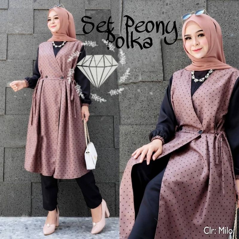 SET CELANA PEONY POLKA, CODORAY, GAMIS HIJAB MUSLIM, SETELAN