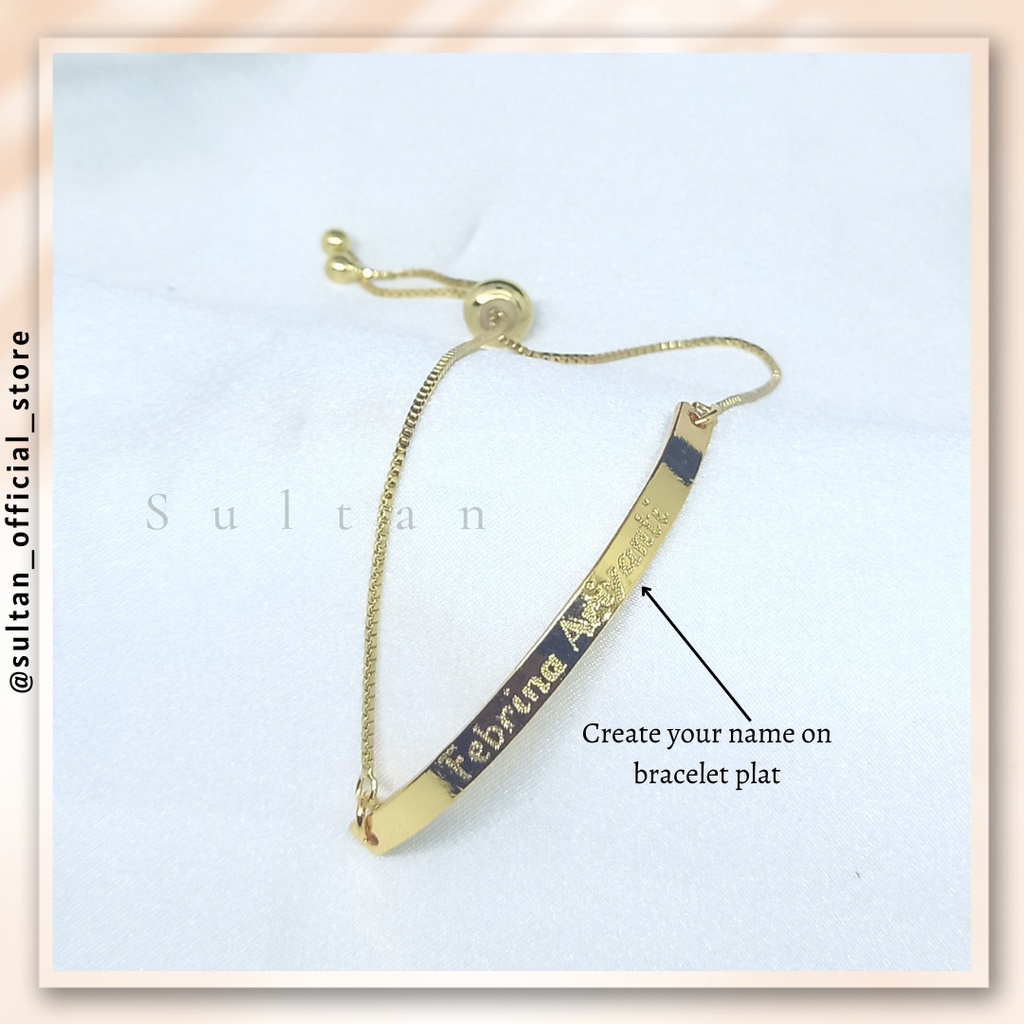 GELANG PLAT UKIR NAMA CUSTOMIZED RANTAI SERUT ADJUSTABLE 14K