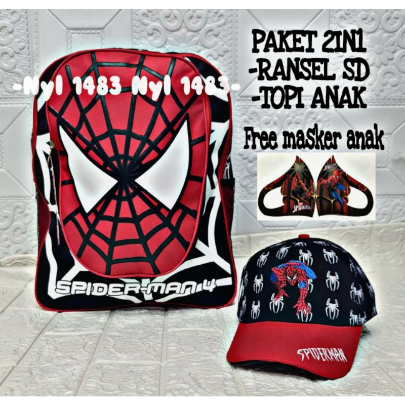 RANSEL ANAK SD 2IN1 SPIDERMAN/TOPI BORDIR