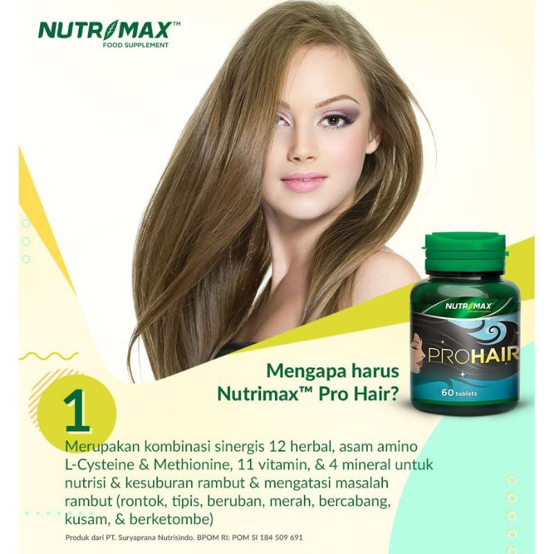 NUTRIMAX PROHAIR PRO HAIR SHINE VITAMIN OBAT RAMBUT RONTOK BOTAK TIPIS UBAN KETOMBE KUSAM 60 TABLET