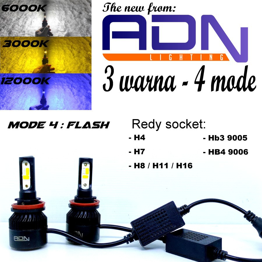 Lampu Led Utama Foglamp 3 warna ADN H4 H11 HB3 HB4 H7 9005 9006 4 mode