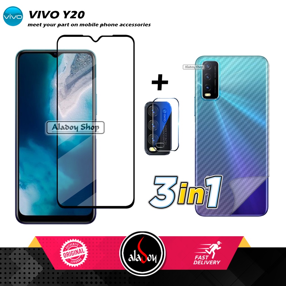 PAKET 3 IN 1 Tempered Glass VIVO Y20 Free Tempered Glass Camera dan Skin Carbon