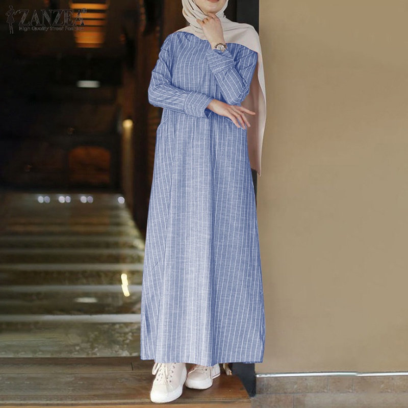 ZANZEA Muslim Women O-neck Striped Long Sleeve Pockets Dress