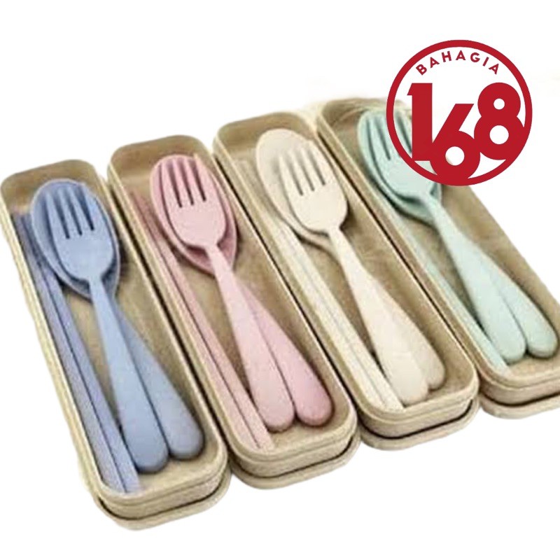 Sendok Garpu Sumpit Portable Set / Alat Makan Bahan Jerami Gandum
