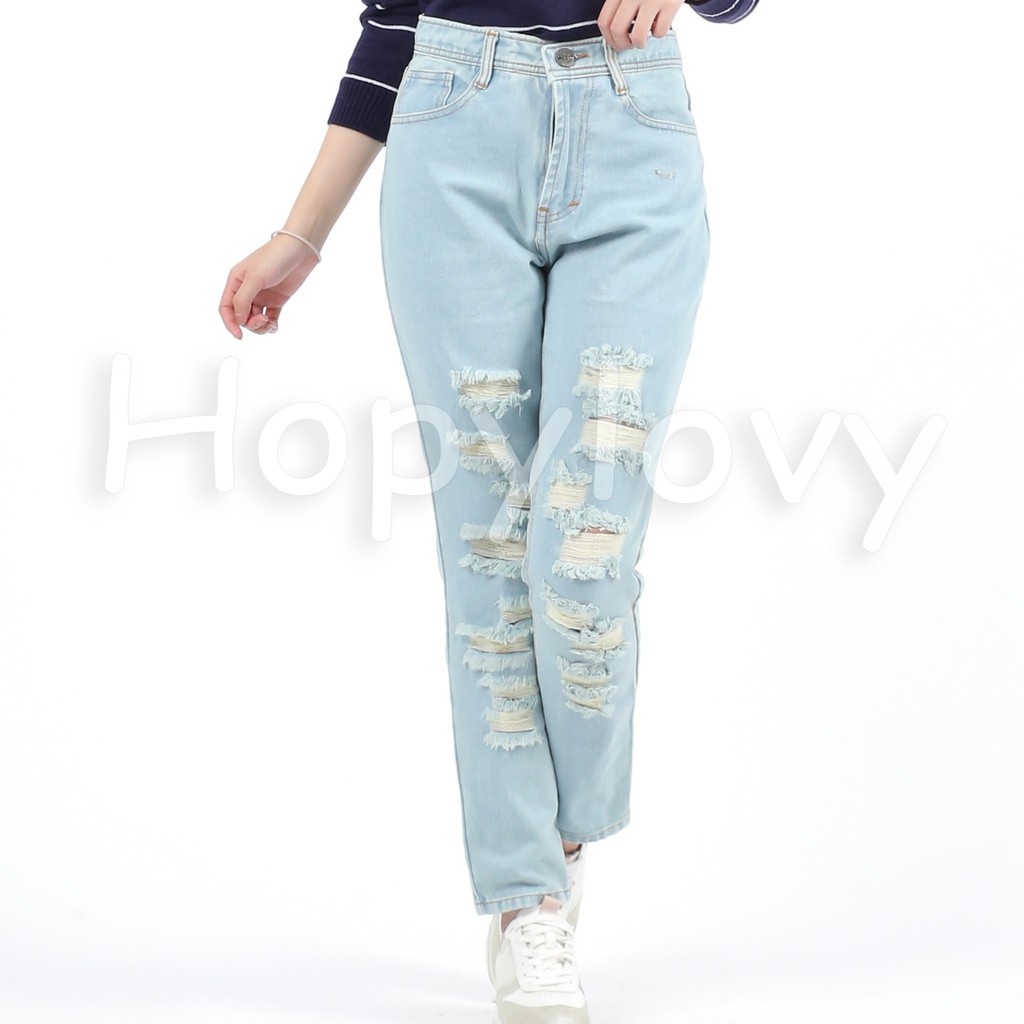 HOPYLOVY - Celana Boyfriend Jeans Wanita Aplikasi Ripped / Sobek Tembus Glen