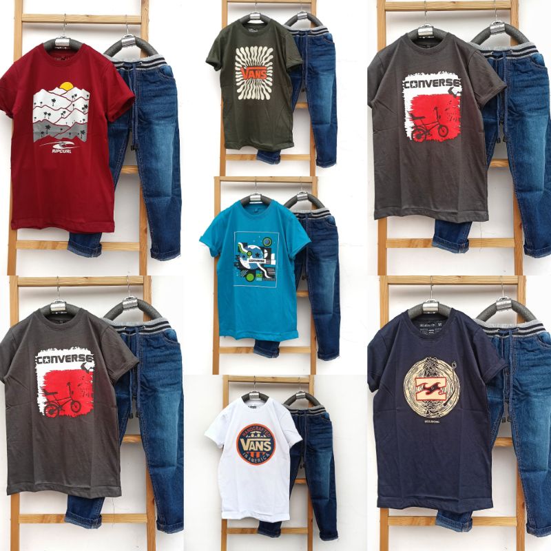 Baju Setelan Distro Anak Laki-Laki MixMatch Kaos Kombed 30S dan Tabina Jeans usia 7 tahun - 8 tahun