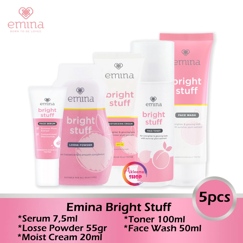 Paket Ekonomis Emina Bright Stuff 5pcs (Serum 7,5ml+Bedak 55gr+Moist Cream 20ml+Toner 100ml+Face Wash 50ml)