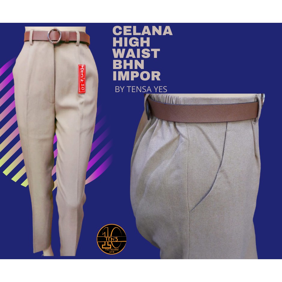 T02 Celana  bahan wanita  high waist warna  mocca  krem bahan 