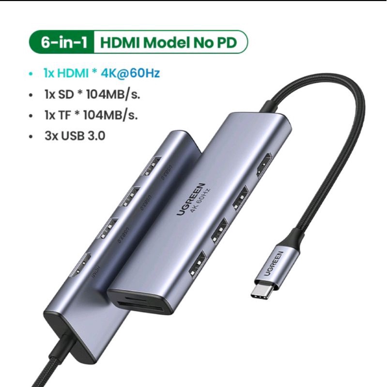 Ugreen Hub 6 7 in 1 Usb C to 4K Usb 3.0 Card Reader Gigabit Lan Ethernet No / Support Power Delivery 100Watt