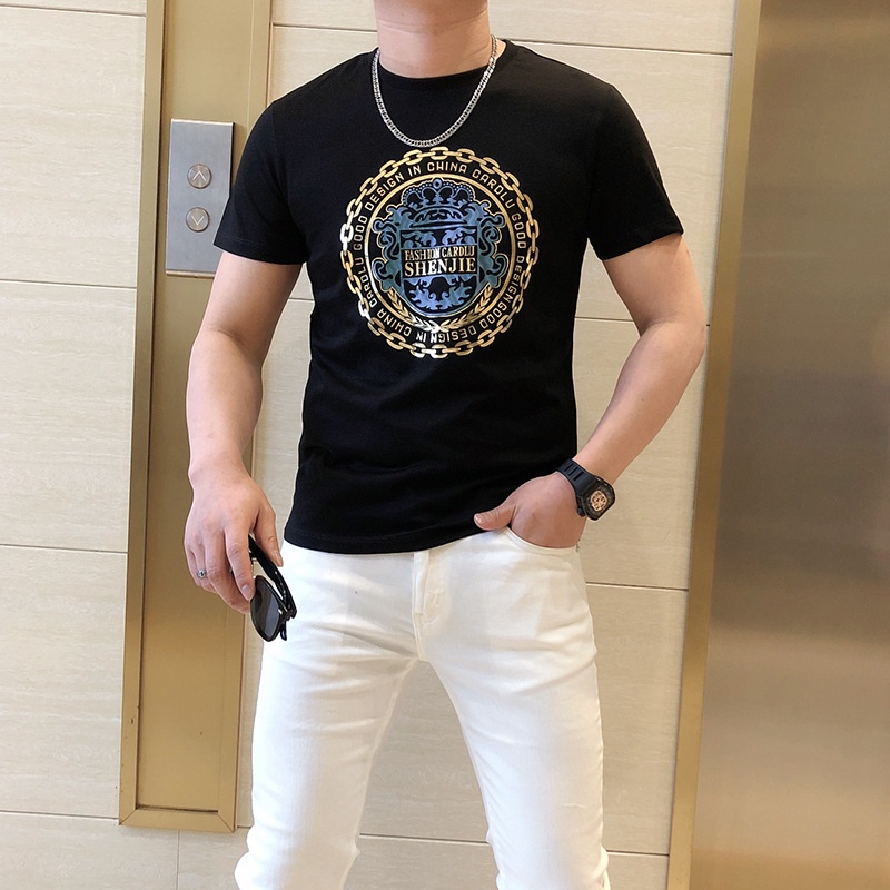 Kaos Pria Stasiun 2021  Busana  Fashion Pria T-shirt Tren  Leher Bulat cetak Slim  Korea Pendek an L
