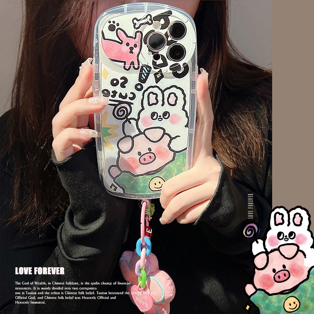 Case Pelindung Penuh Motif Kartun Doodle Hewan 3D Dengan Liontin Bunga Pink Untuk Iphone 11 12 13 14 PLUS PRO MAX