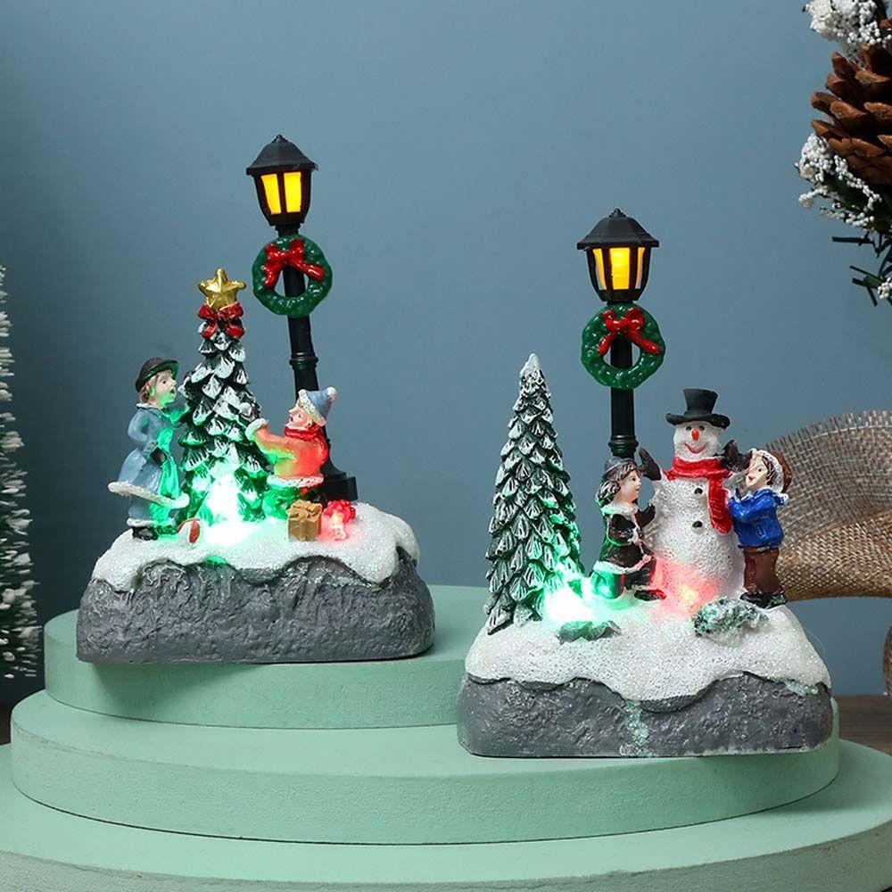 Agustina Mikro Lanskap Lucu Resin Pemandangan Desa Snowman Pohon Xmas Dengan Lampu LED Peri Taman Ornamen