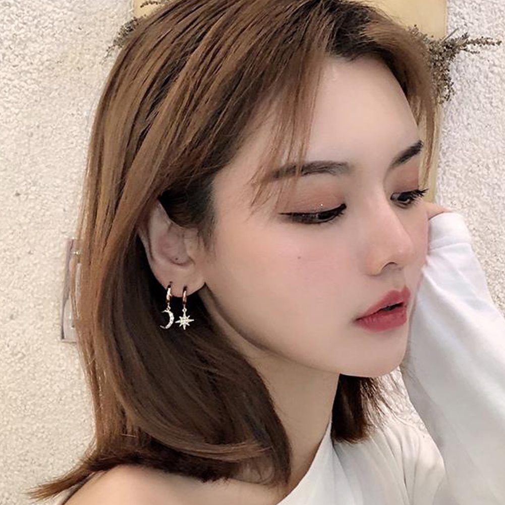 Hu Hu Hu Hu Hu Alat Bantu Pasang Kacamata♡ Anting Tusuk Gantung Wanita Asimetris Desain Bulan Bintang Hias Cubic Zirconia Untuk Hadiah